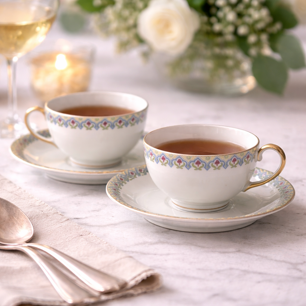Antique c.1900 JPL Limoges France Porcelain Teacups and Saucers (Set of 2)| Hand painted Floral Edge with Gilt Gold Trim and Handles| POY125