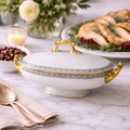 Antique c.1900 JPL Limoges France Porcelain Tureen 12"| Hand-painted Floral Border with Gilt Gold Handles and Trim| POY125